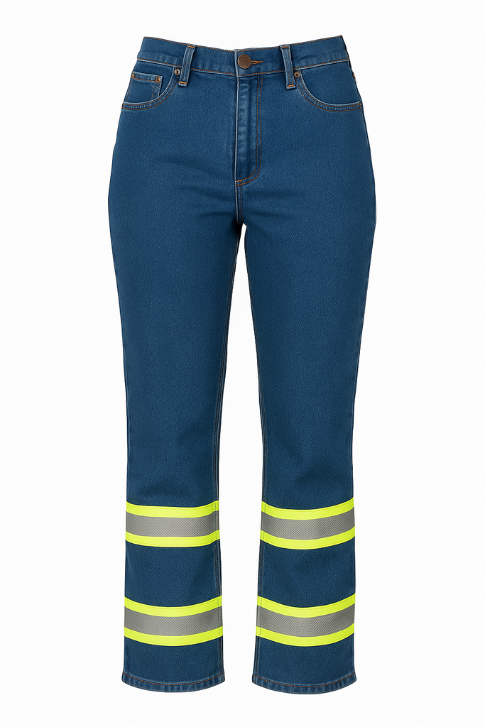 PANTALON JEANS DAMA COLOR AZUL 14OZ CON DOBLE CINTA REFLECTIVA 3M